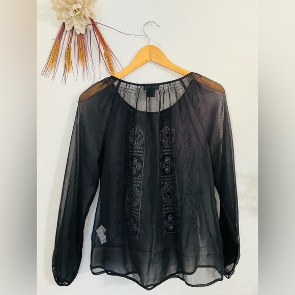 Lucky Brand Embroidered Beads Sheer Black Blouse Size Small - Picture 2 of 6